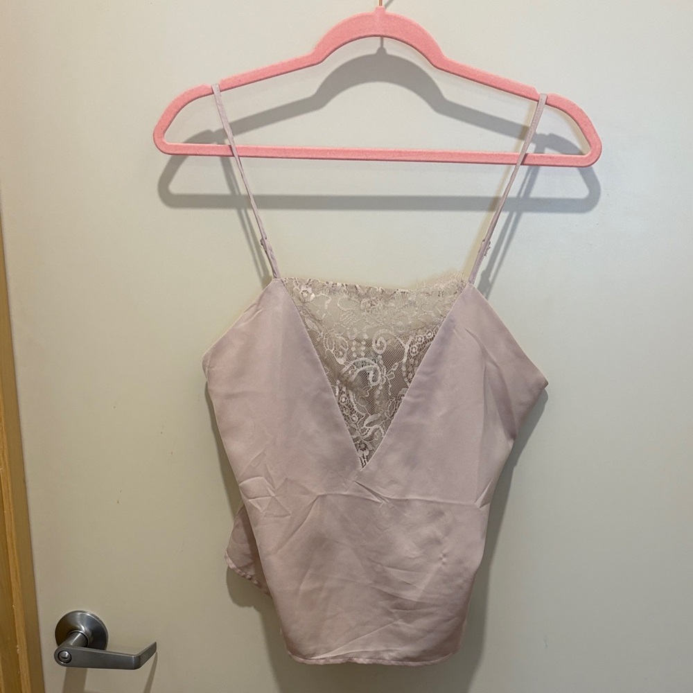 Lace Trim Satin Cami Tank Top - Blush